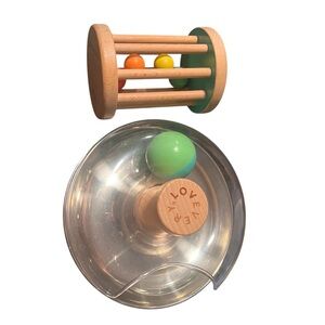 Two Lovevery Montessori Toys Stainless Steel Tip & Turn & Wooden Rattle